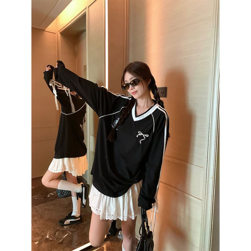 Fall 2024 New American Preppy Style Three-Stripe Long-Sleeve Sweatshirt Women's Sporty Loose Casual Mid-Length Top