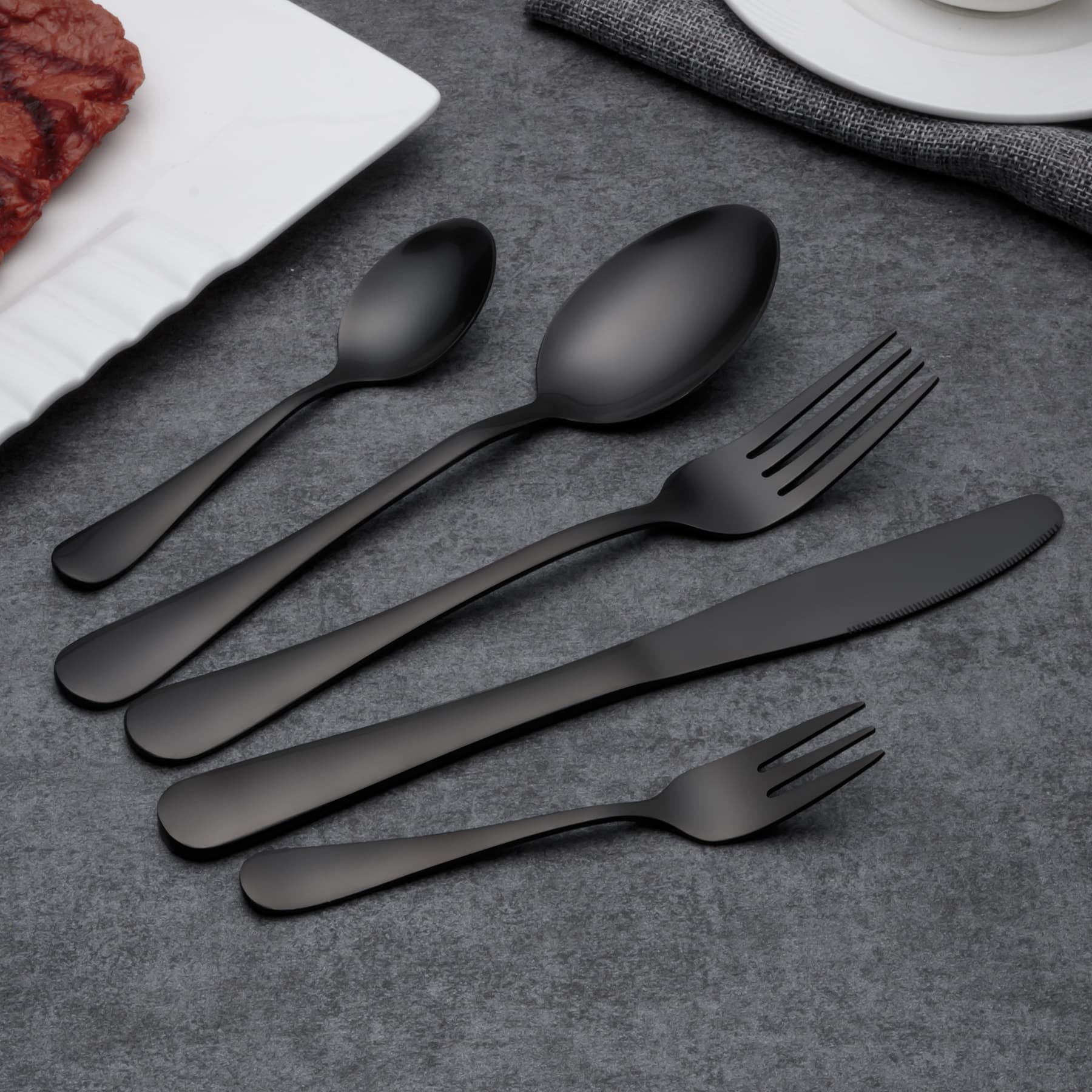 1010 Black Cutlery Set for Amazon - Stainless Dessert Spoons, Coffee Forks & Steak Knives