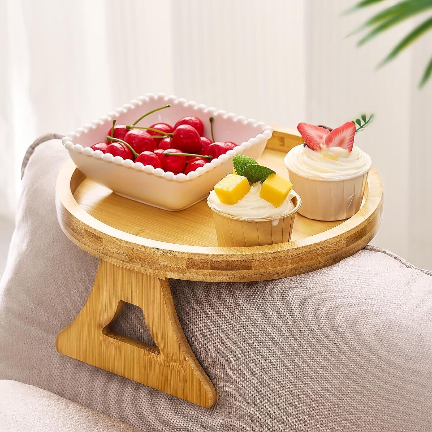 Bamboo wood original color lazy sofa armrest tray, portable foldable round portable folding