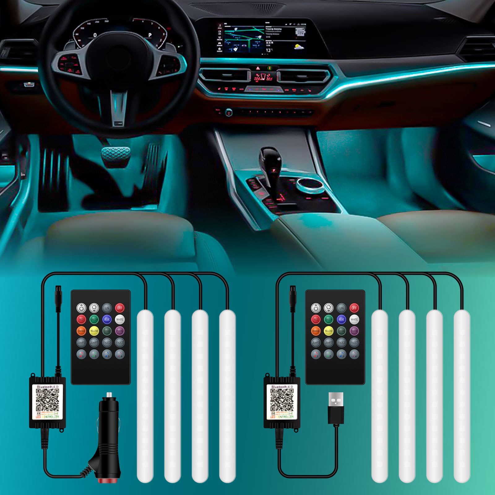 Car Ambient Light, No-Modification LED Colorful Ambient Light, APP-Controlled Car USB Footwell Light, Music Rhythm Light