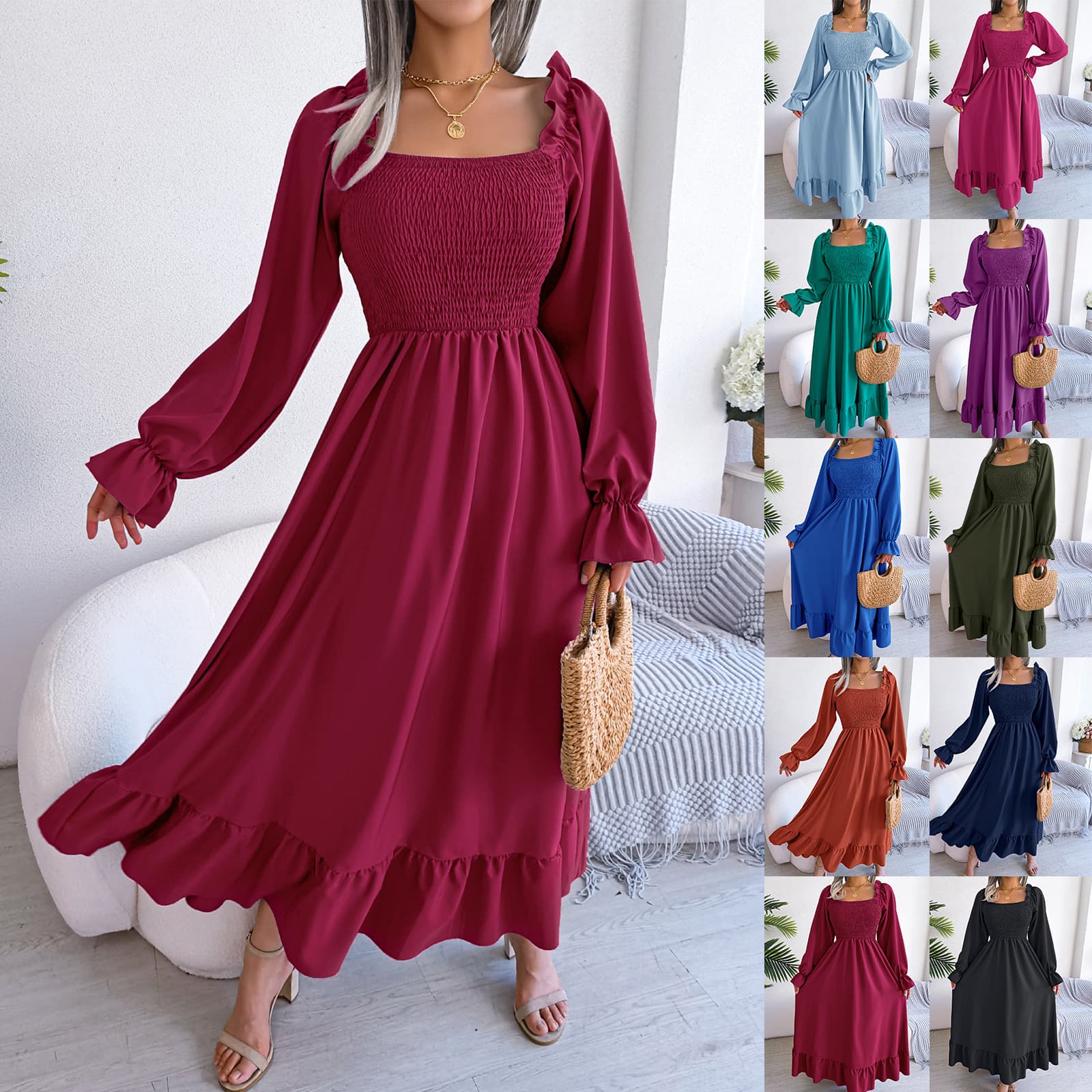 2026 Fall/Winter European and American Casual Square Neck Flared Sleeve Ruffle Hem Maxi Dress, Amazon Cross-border Women's Fashion