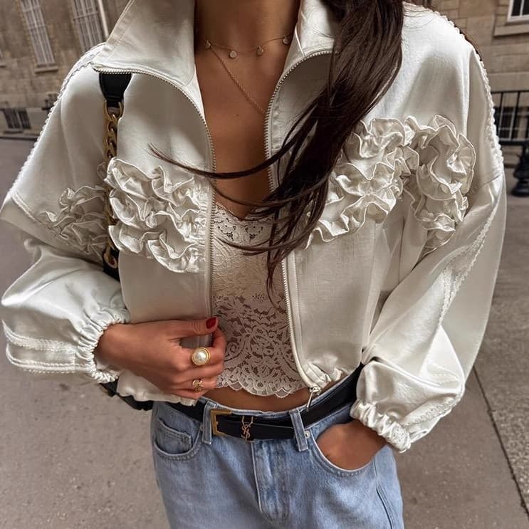 In Stock Korean Ins Fashionable Ruffled Lace Zipper Drawstring Coat