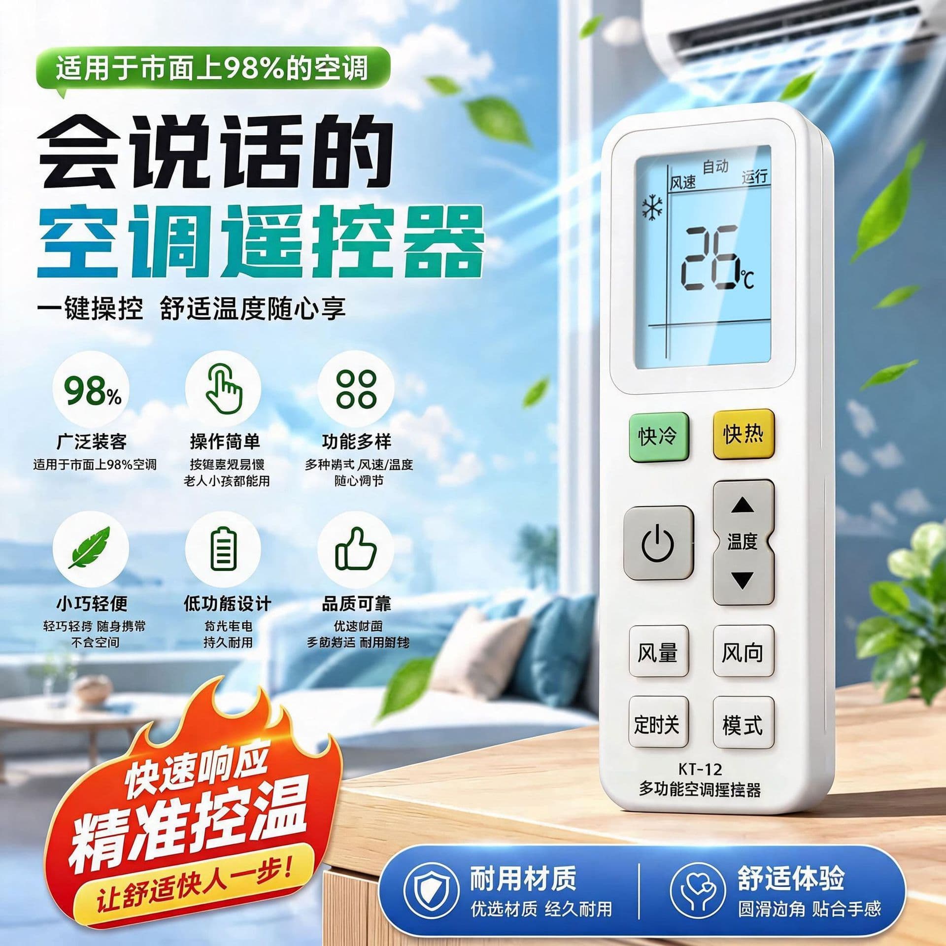 KT-12V Voice Broadcast Universal Air Conditioner Remote Control, Compatible with All Brands, Child and Elderly Lock Temperature Feature