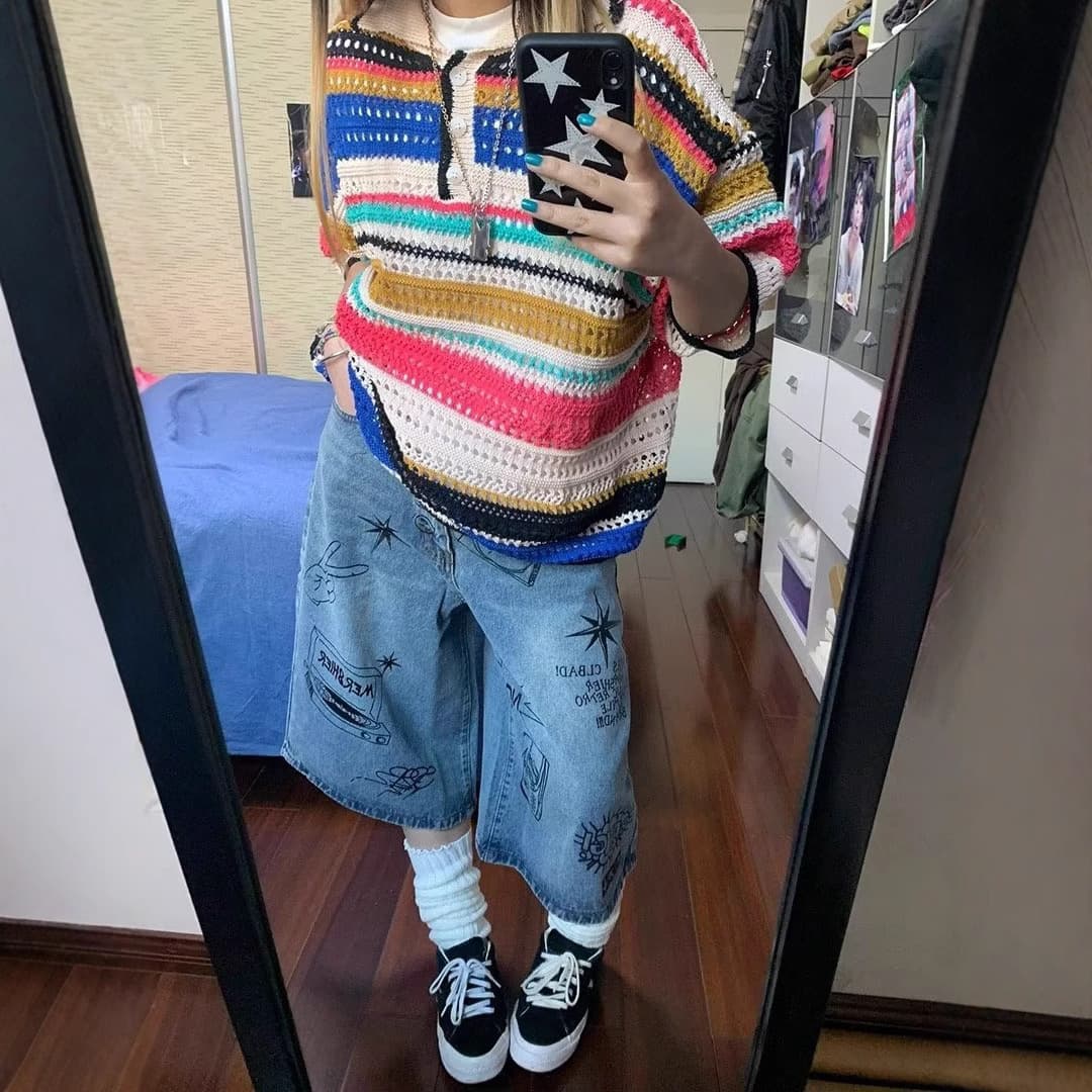 New Loose Fit Striped Single Piece Street Couple Men and Women Knit Sweater Trendy Half Sleeve Women's Pullover Summer