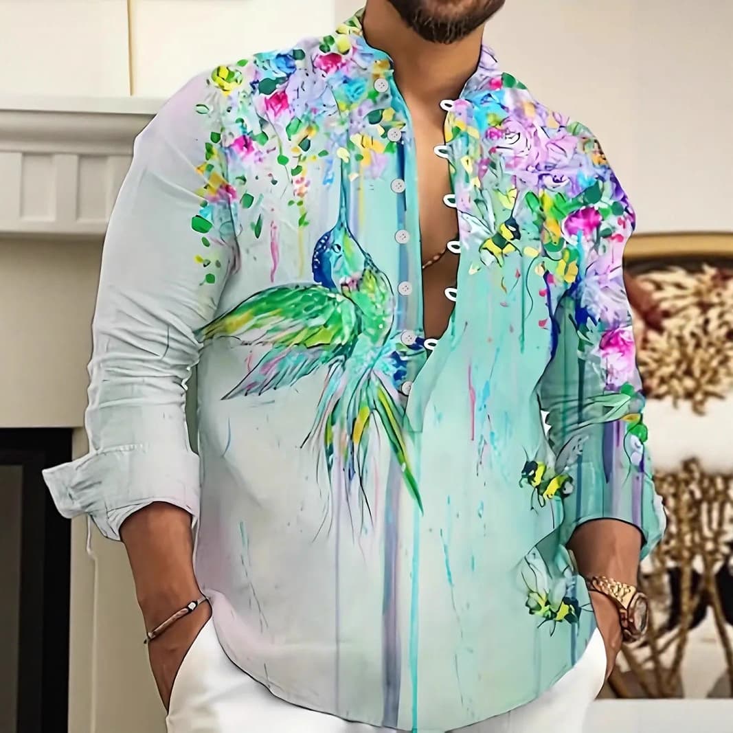 Men's Casual Versatile Fashion Street Shirt with Turn-down Collar Single-breasted Long-sleeve Top Bird Print Long-sleeve Shirt