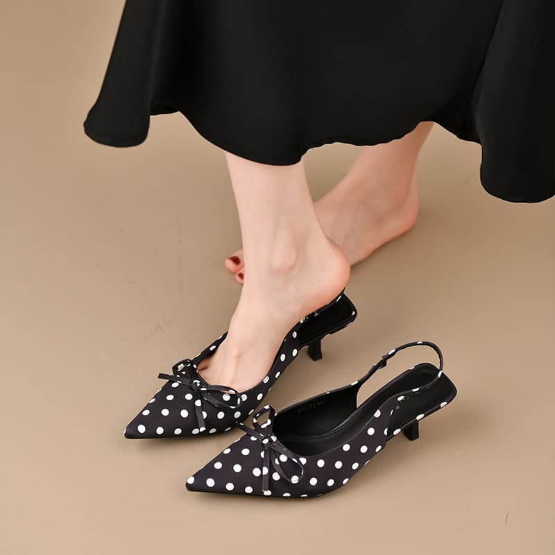 2026 Spring/Summer New Bow Pointed Toe Polka Dot Color Block Slim Heel Mid Heel Closed Toe Sandals High Heel Shallow Mouth Shoes