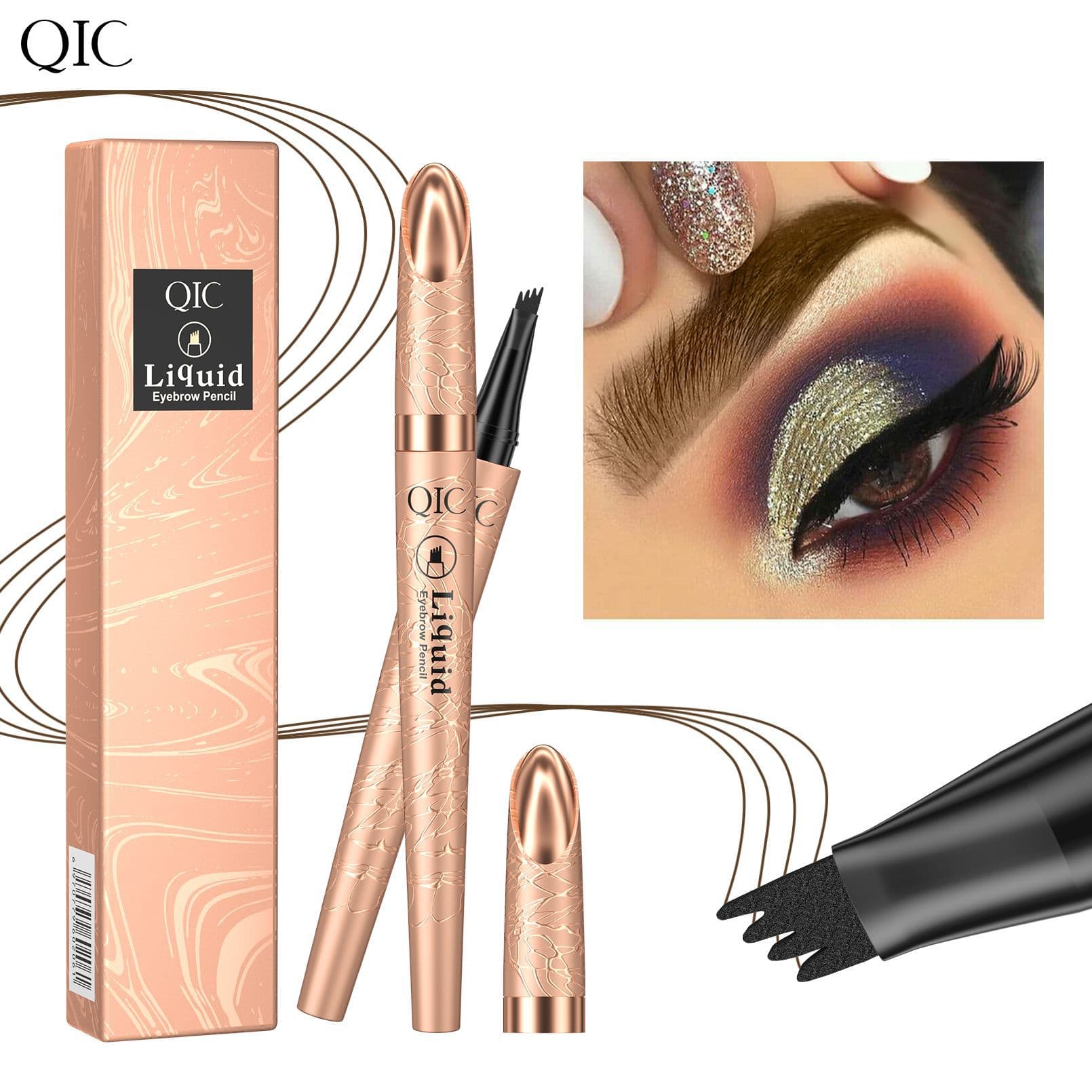 QIC Gold Tube Wild Brow Four-Claw Liquid Eyebrow Pen - Waterproof, Smudge-proof, Four-Ended Split-End Liquid Eyebrow Pen - Cross-border Cosmetics