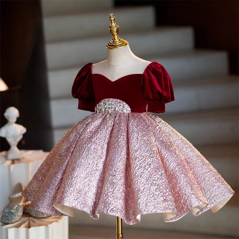 New Girls' Birthday Party Dress Flower Girl Princess Gown Piano Performance Children's Bubble Sleeve Outfit Host Catwalk