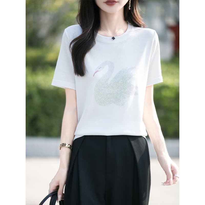 Summer New Ice Silk Little Swan Rhinestone Round Neck Knit Short Sleeve T-Shirt Thin Versatile Solid Color Half Sleeve Top