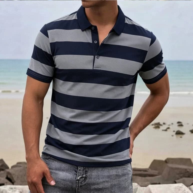 Cross-Border American Style Fashion Retro Contrast Horizontal Striped Short Sleeve Polo Shirt Summer Cool Breathable Turn-Down Collar Short Sleeve Men's Polo