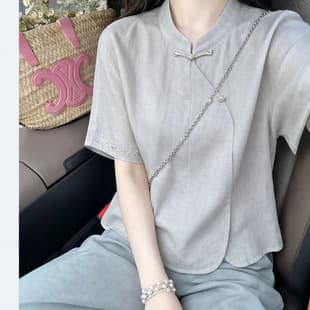 New Chinese Style Stand Collar Linen-Like Shirt Women Summer Modified Mandarin Collar Embroidery Short Sleeve Loose National Style Elegant Top