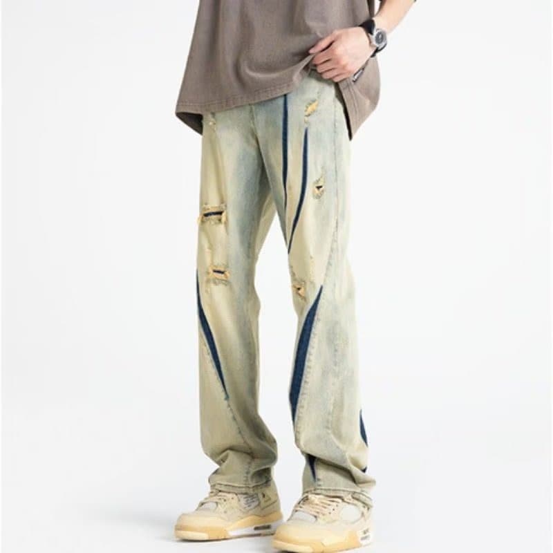Retro Loose Fit Men's Jeans Tear Style Casual Straight Leg Long Pants mid Waist Zipper Fastening Polyester Fiber Summer Jeans