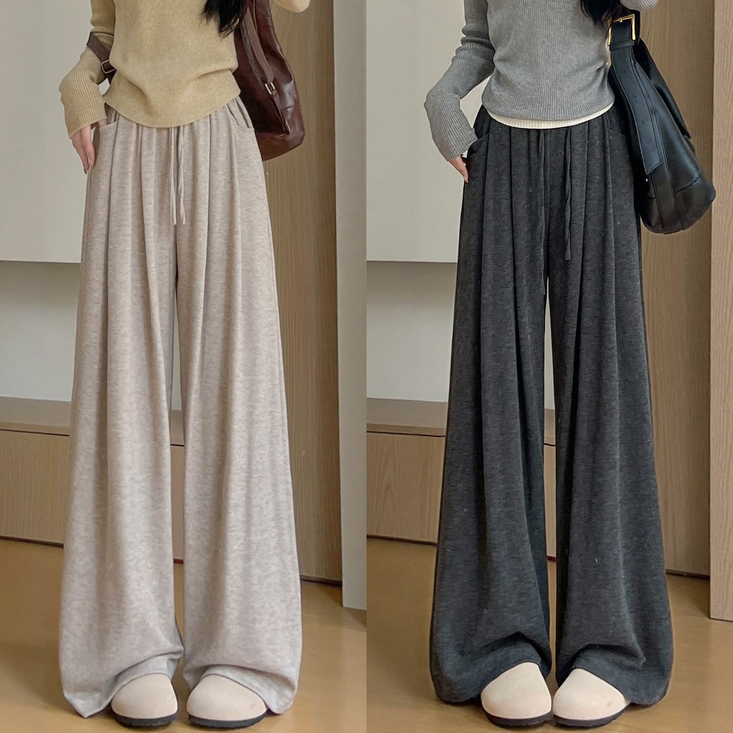 Gray velvet glutinous rice pants for women autumn and winter 2026 new thickened warm pants small lazy straight wide leg pants