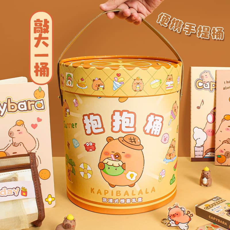 Capybara hug bucket stationery set, packaging gift box, cartoon souvenir gift box, portable small round bucket wholesale