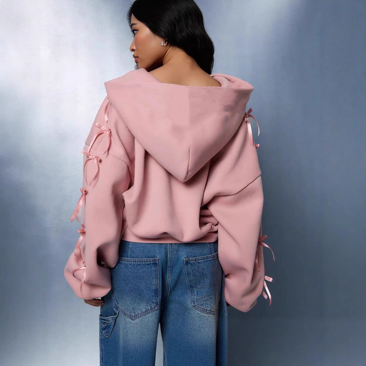 Autumn/Winter Cross-Border New Arrival Bow Hoodie, Short Sporty Casual Style, Long Sleeve, Fleece-Lined Loose Fit Jacket