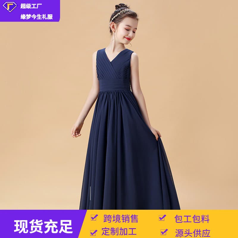 2026 New Style Girls' Chiffon Princess Dress for Older Children Long Wedding Flower Girl Dress Wholesale
