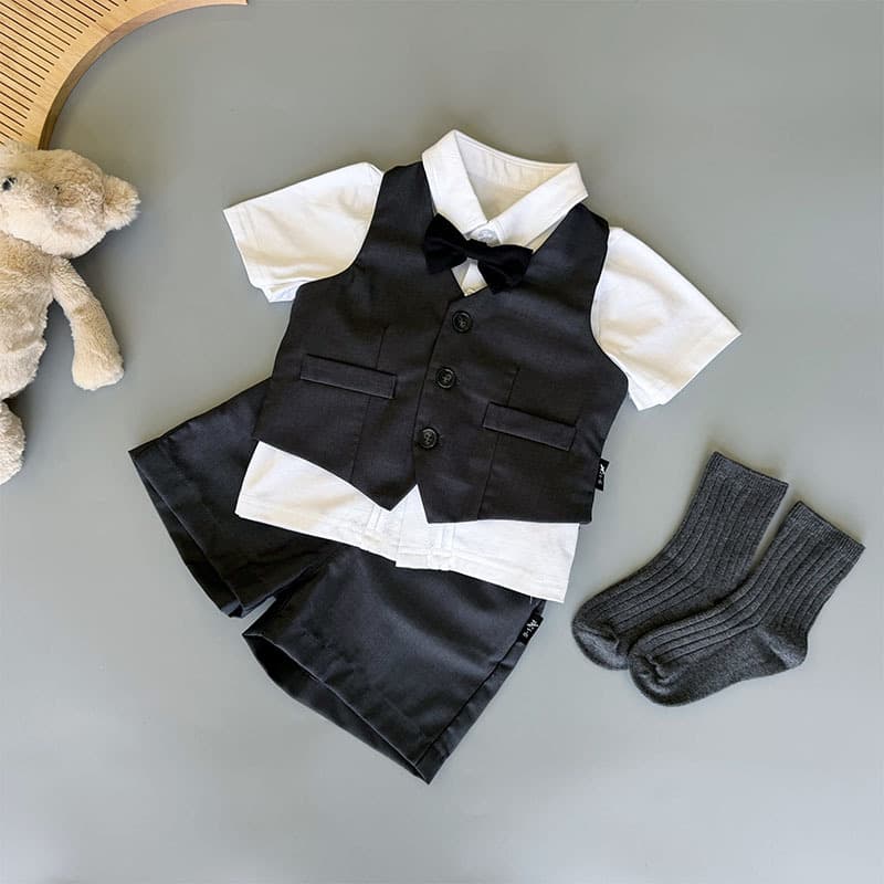 Flower Boy Tuxedo Set for Kids British Style Children's Wedding Suit Boy Shirt Vest Three-Piece Summer