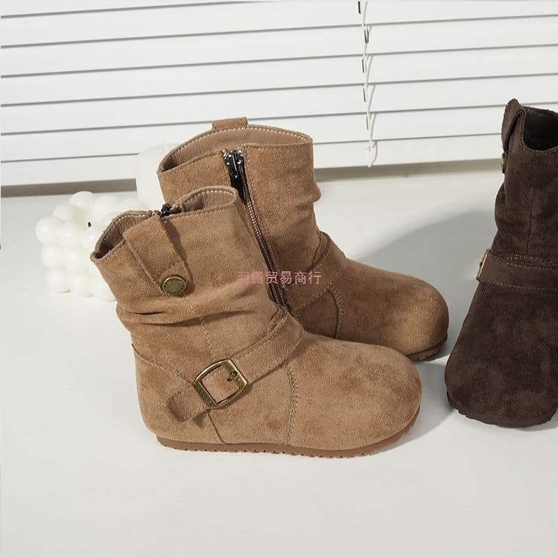 2025 Autumn/Winter New Children's Shoes Fashion Belt Buckle Shaft Boots, Girls' British Style Fashion Boots Fleece-Lined Warm Martin Boots