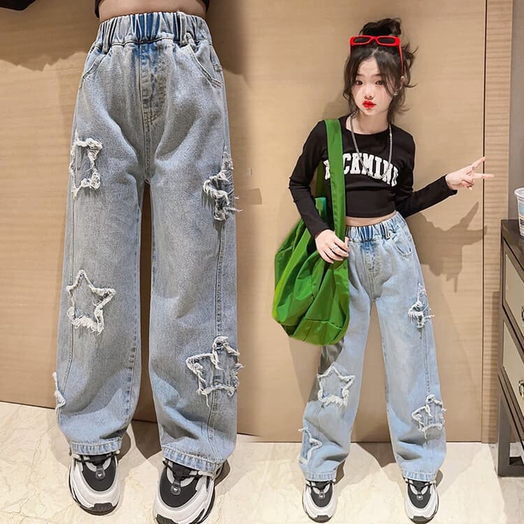 Girls' Wide-Leg Pants 2025 Spring New Straight-Cut Casual Trousers Kids Mid-to-Older Children Patchwork Loose Denim Pants