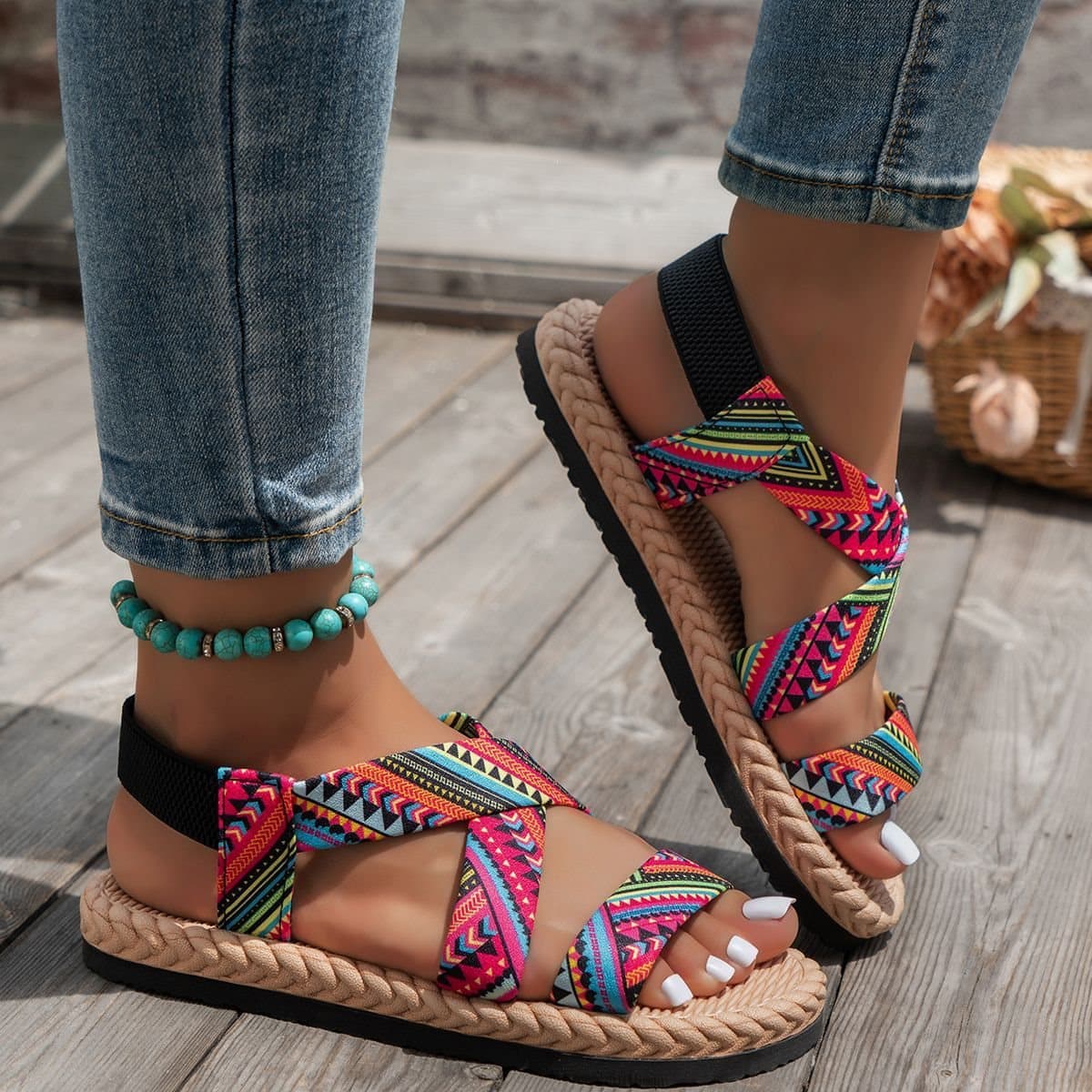 Flat Elastic Strap Women's Soft Sole Sandals 2025 Summer Lightweight Round Toe Cross-Border Plus Size Ladies Sandals
