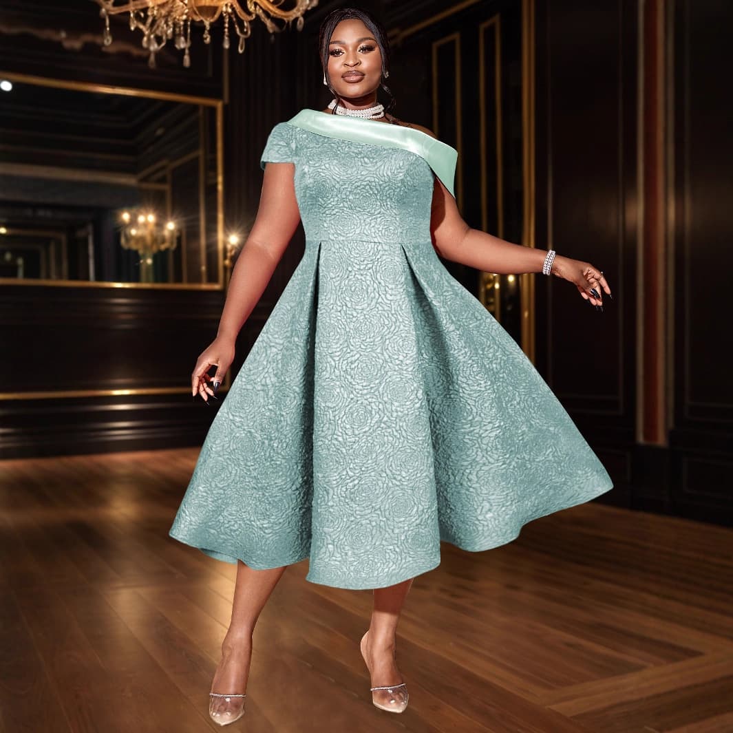AM040830 Elegant Jacquard Dress for Parties and Banquets, Off-Shoulder A-Line Skirt Dresses