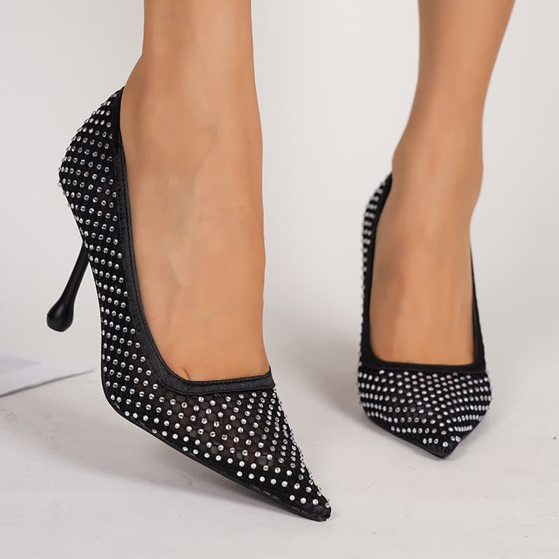 New Style Elegant High Heels for Women, Pointed Toe, Thin Heel, Rhinestone Mesh Shoes, Shallow Mouth Party Shoes, Wedding Shoes