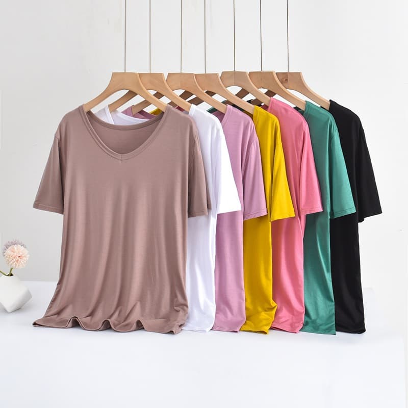 Spring and Summer New Korean Style Loose Large Size V-neck Modal Short-sleeved T-shirt Women's Base Shirt Top Solid Color T-shirt for Chubby Girls