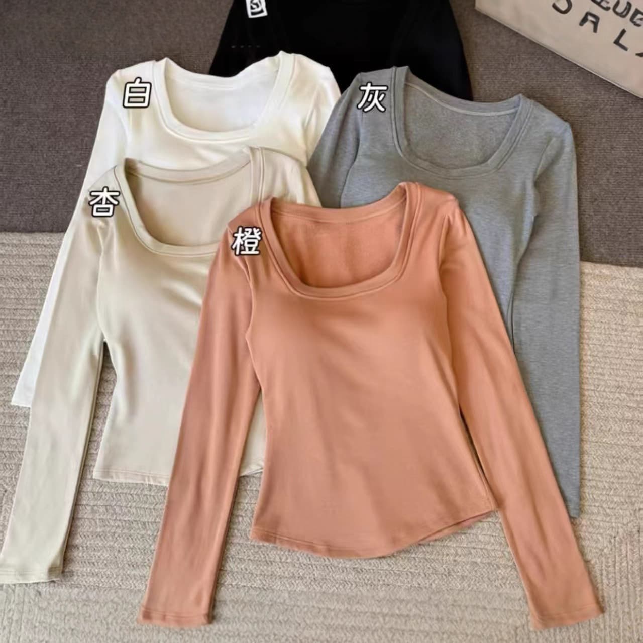 Sexy and Pure Long-Sleeve T-Shirt with Removable Pads, Waist-Tightening, Deep V-Neck, Curved Hem, Base Layer, Thermal Top