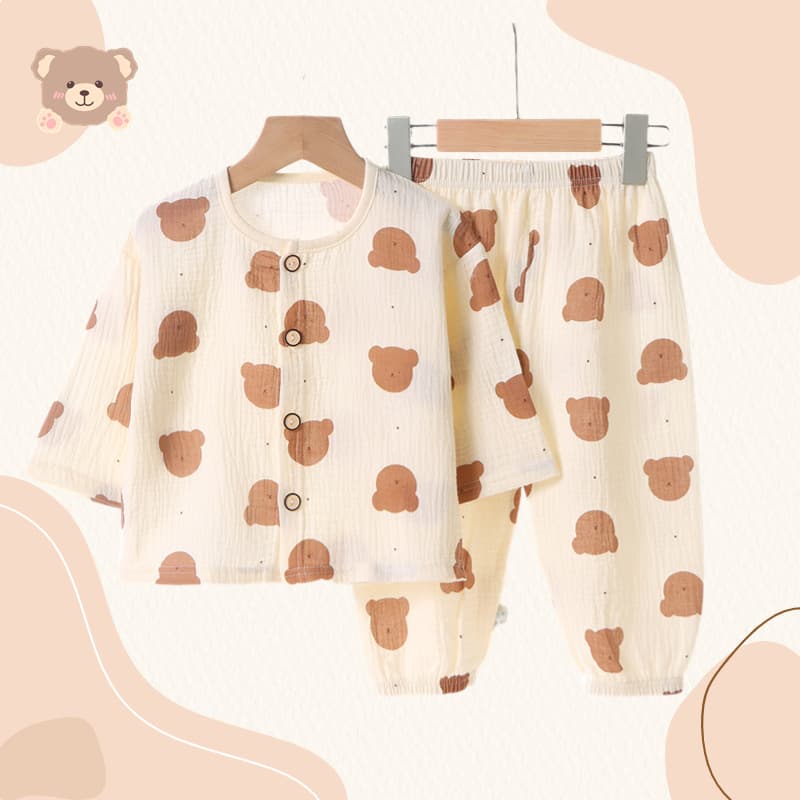 New Children's Crepe Cotton Gauze Pajamas Girls Spring Summer Home Wear Boys Long Sleeve Air Conditioning Suit Set