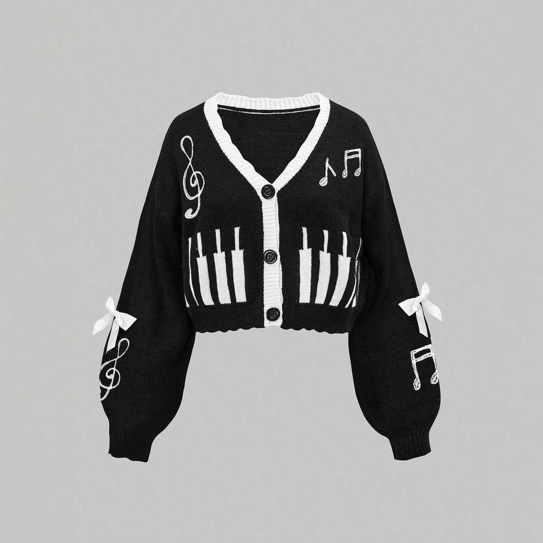 Japanese sweet music symbol piano key embroidery knitted jacket girl contrast lace V-neck bow sweater
