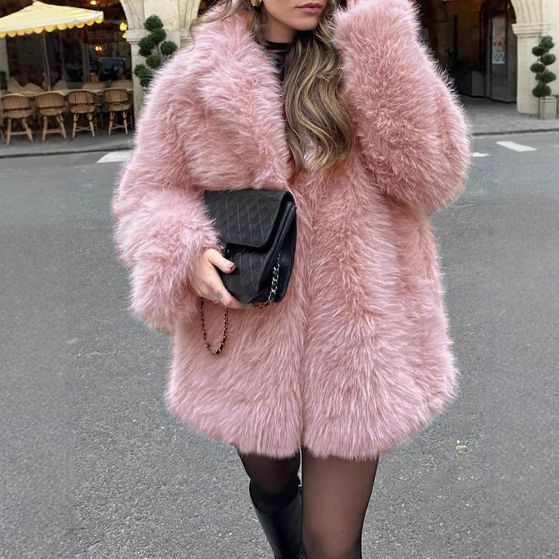 Pink Faux Fox Fur Mid-Length Coat V-Neck Plush Warm Fashionable Versatile Loose Top