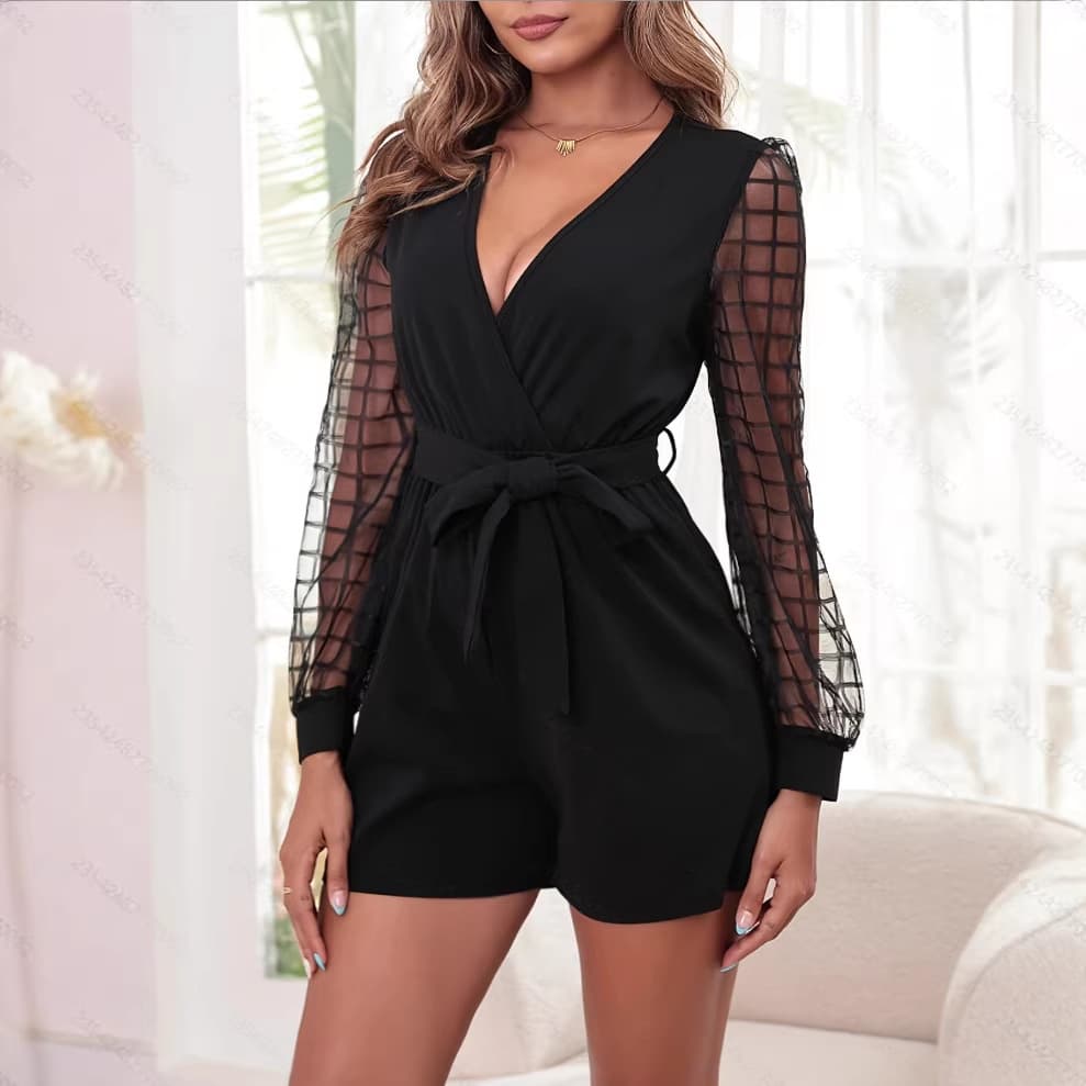 2026 European and American New Style Women's Elegant V-Neck Jumpsuit Long-Sleeve Mesh Patchwork Belted Jumpsuit for Cross-Border Foreign Trade