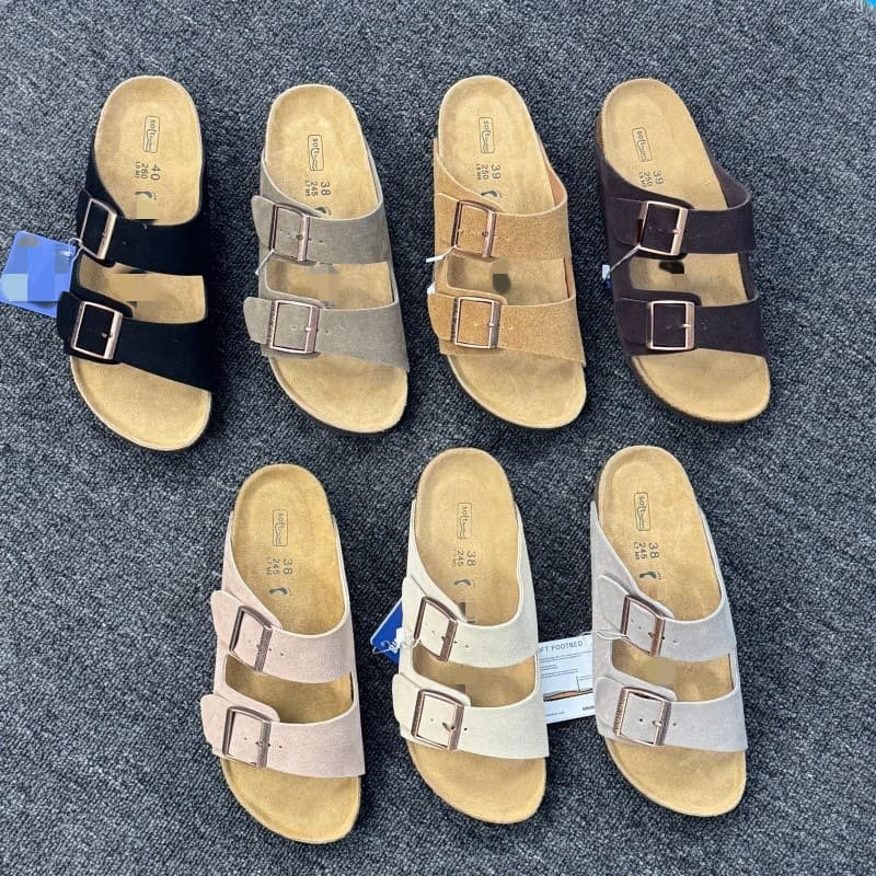 2025 New Cowhide Birkenstock BK Genuine Leather Cork Thick Sole Birken Sandals Men's Two-Strap Sandals Women's Beach Sandals