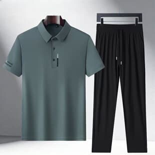 Men's Summer New Business Collar Breathable Fashion Short Sleeve Polo Shirt Two-Piece Set