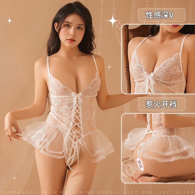 Sexy Lace Nightgown Open-Crotch Strap Invitation Hot Passion Non-removable Uniform Set Pure Desire Mesh Underwear for Couples