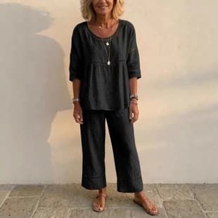 2026 Amazon Cross-border Independent Station European and American Casual Commute Comfortable Loose Round Neck Linen-like Fabric Women's Set