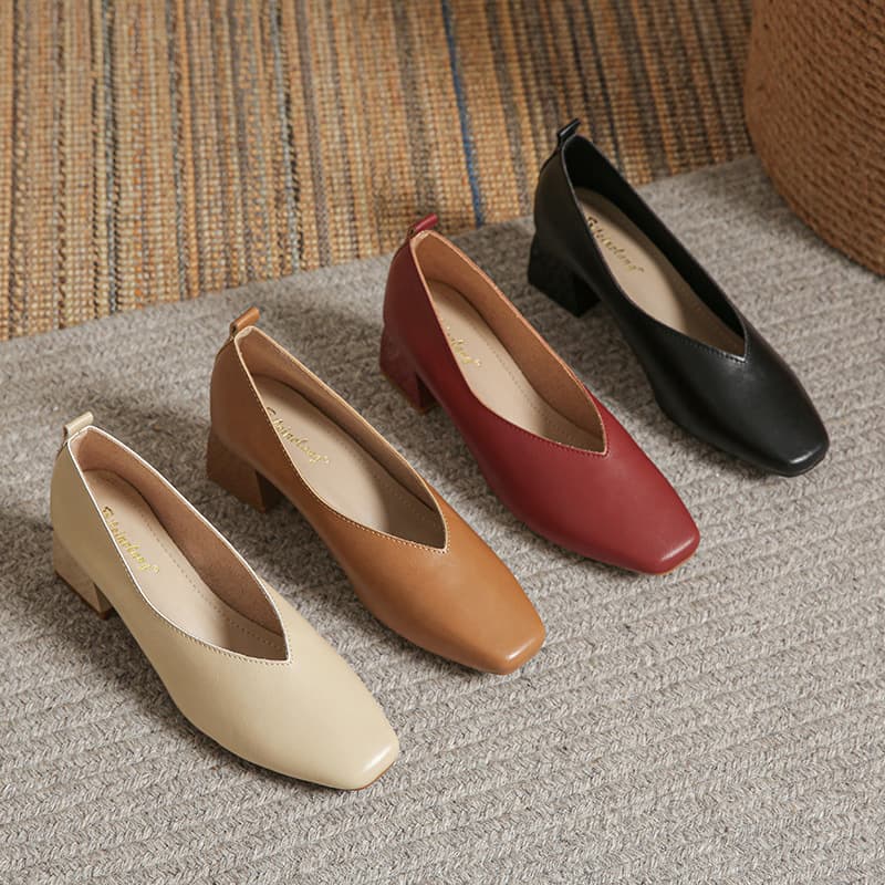 Evening Breeze Women's Single Shoes 2023 New Trendy Retro Commute Soft Leather Square Toe Mid-Heel Grandma Shoes