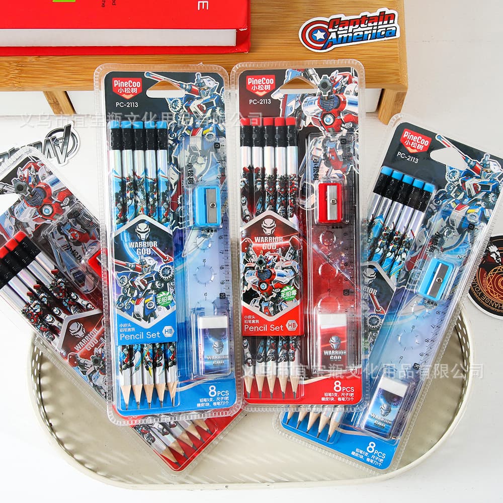 Cool mecha warrior 8-piece pencil set including pencil, eraser, sharpener, ruler, stationery for boys and primary school students