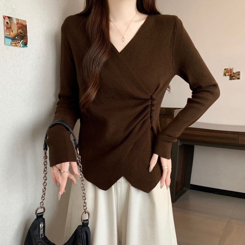 2026 New Winter Plus Size French V-Neck Long Sleeve T-Shirt Top for Women Autumn Winter Versatile Base Layer Tee