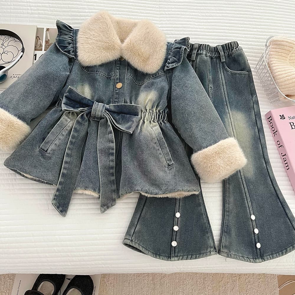 Girls' plush collar waisted denim jacket set winter thickened and warm pearl flared jeans two-piece set