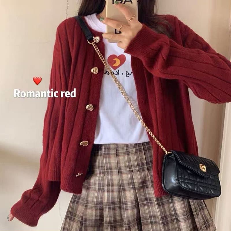 U77 Sweet Love Button White Red Short Sweater Cardigan Korean Style Loose Slimming Striped Sweater