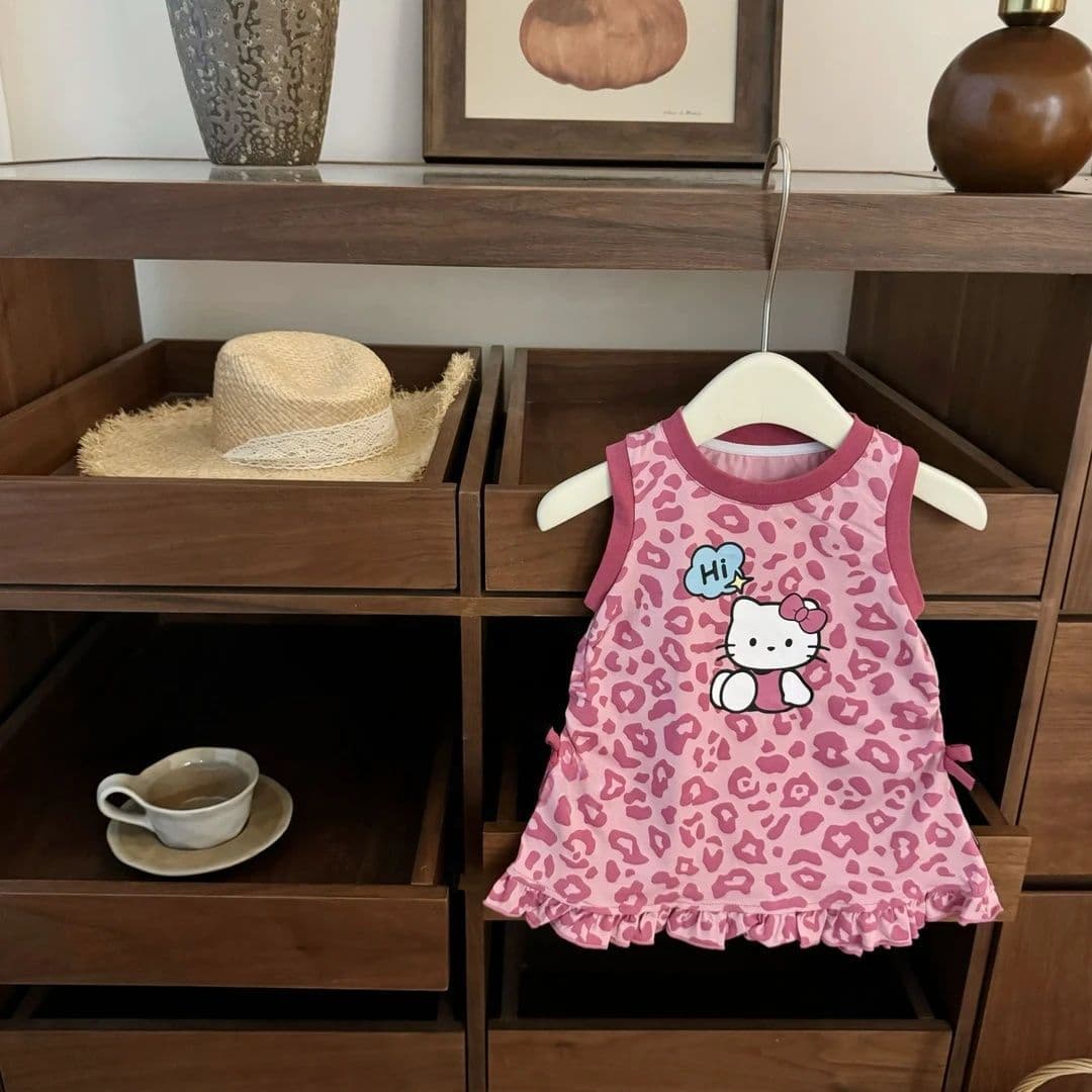 Girls' Dress and Vest Dress Summer New Arrival Baby Girl Cute Pink Leopard Print Sweet Cool Lace Bow Children's Clothing Dress