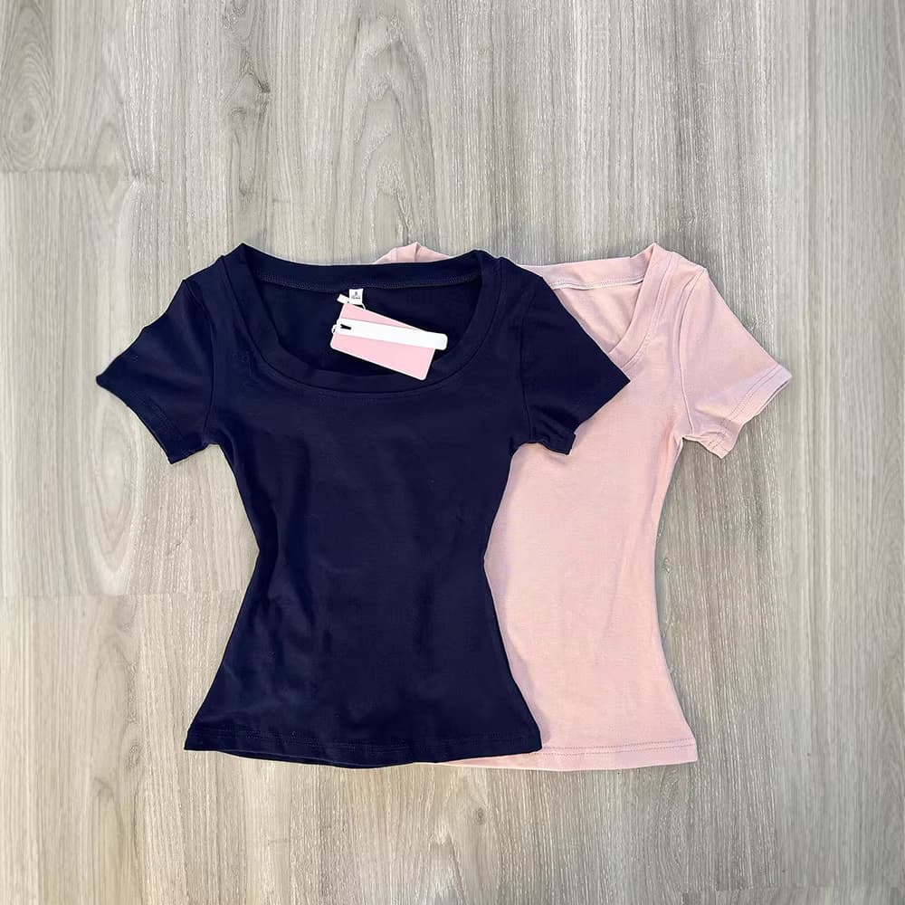 Navy Blue Regular Shoulder Short Sleeve Women's Summer Cotton T-Shirt New Slim Fit U-Neck Top Slimming Casual Korean Style