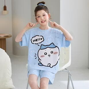 Summer Pure Cotton Kids Pajamas Girls Short Sleeve Medium to Large Size Girls Sleepwear Cartoon Home Suit Set Thin