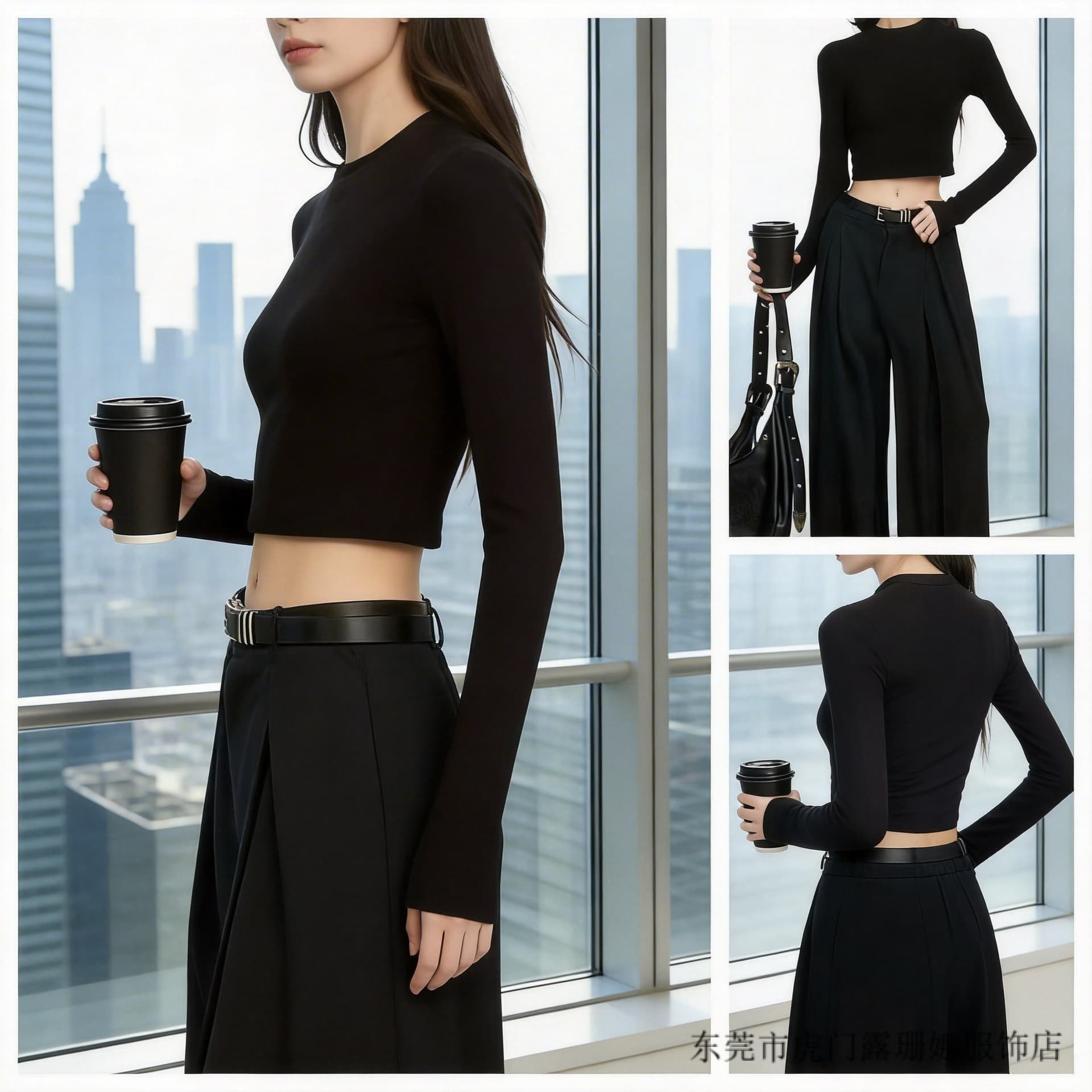Black Round Neck Long Sleeve Shoulder-Fitted Base Layer T-Shirt Slimming Versatile Basic Top