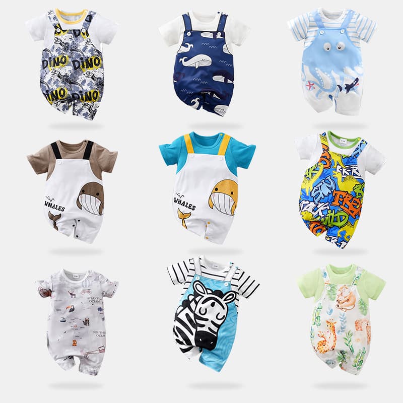 Cross-border summer new baby boy jumpsuit short-sleeved baby jumpsuit fake two-piece suspender belt wholesale