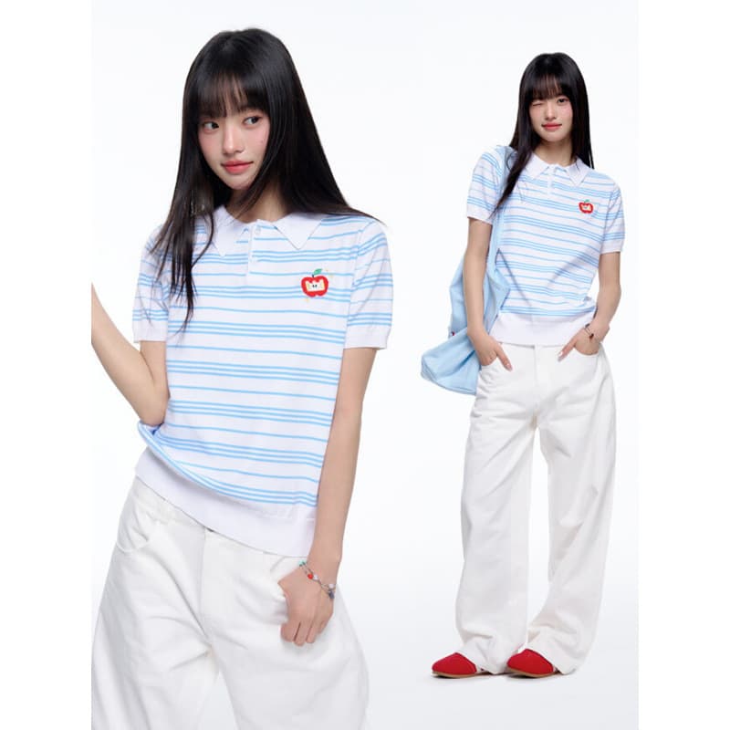 New Summer Women's Cotton Short-Sleeve Knit T-Shirt with Striped Embroidery, Contrast Color Polo Collar, Regular Shoulder Fit