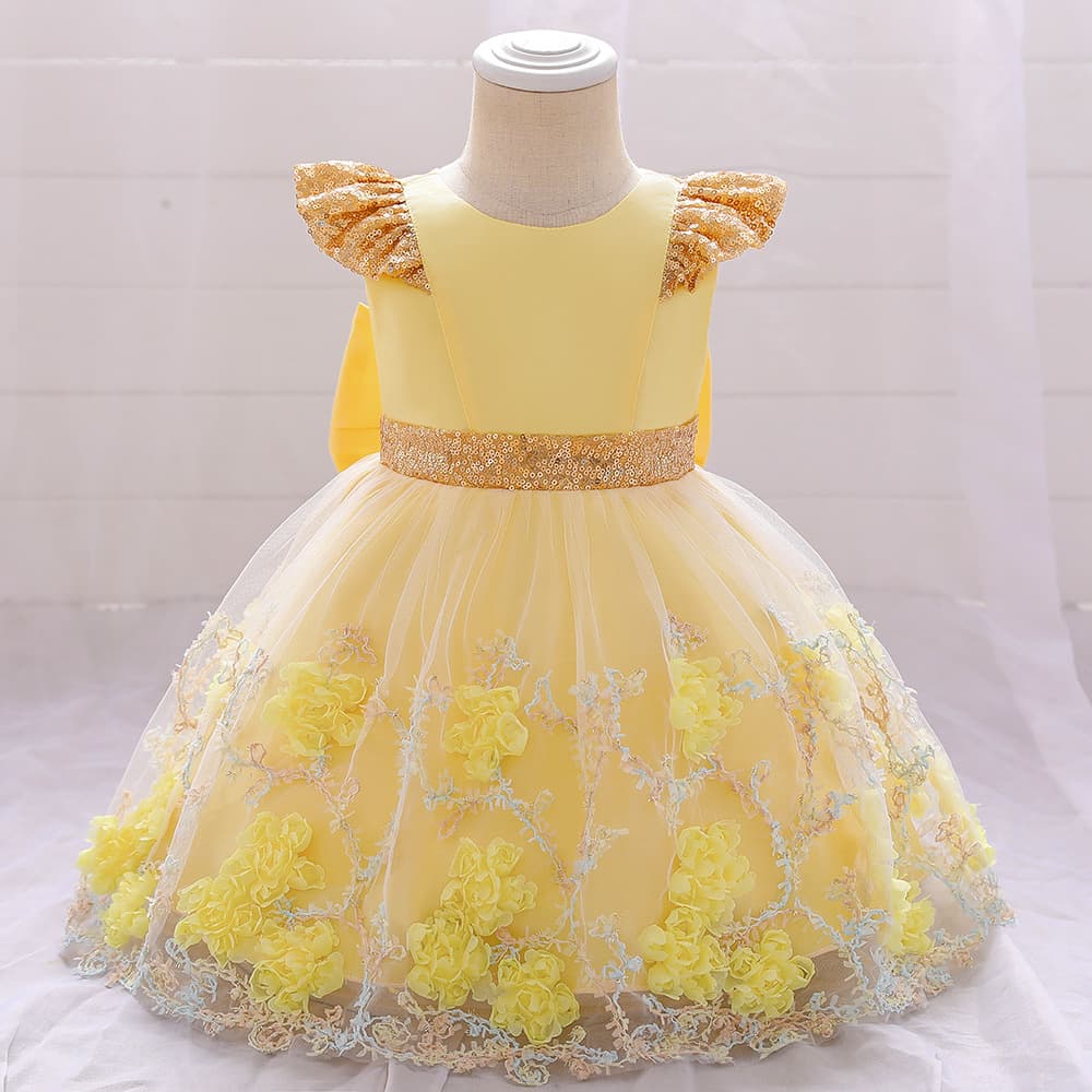 Embroidered Bow Children's Dress for Small and Medium Kids, Wedding Dress with Floral Embroidery, Girls' Costume Princess Dress