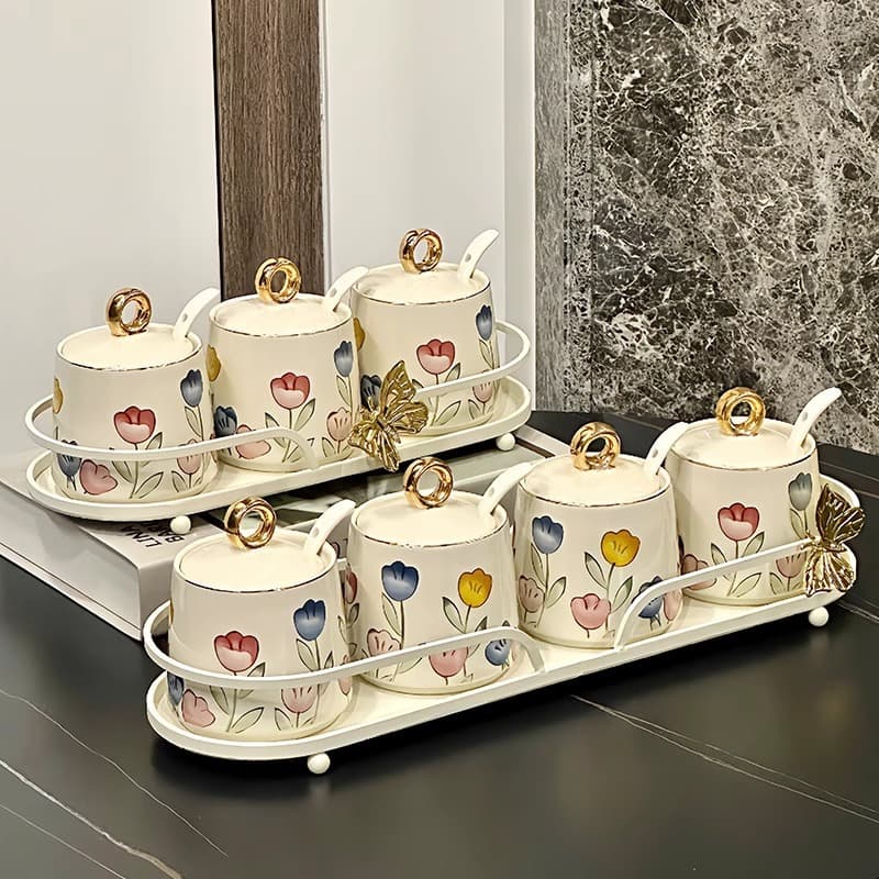 French Light Luxury Spice Box Set for Home Kitchen High-End Salt and MSG Container New Seasoning Storage Organizer