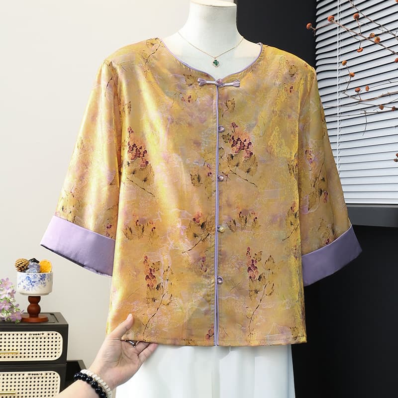 New Chinese-Style Summer Blouse for Mothers, Seven-Sleeve Shirt, Fashionable Spring and Summer National Style Lightweight Jacket for Middle-Aged and Elderly Women
